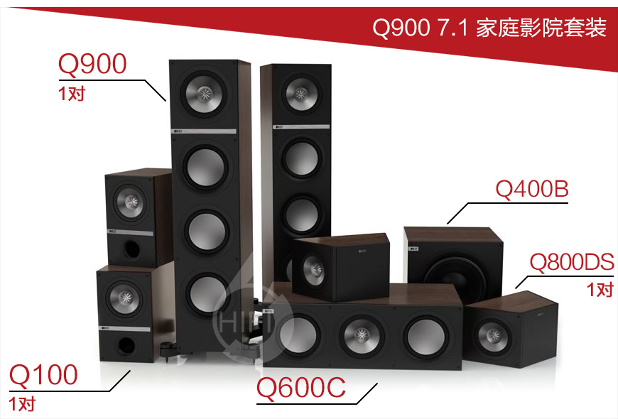 英国KEF Q900 7.1声道家庭影院套装,英国KEF Q900落地箱,英国KEF Q100书架箱,英国KEF Q800DS环绕箱,英国KEF Q600C中置箱,英国KEF Q400B低音炮