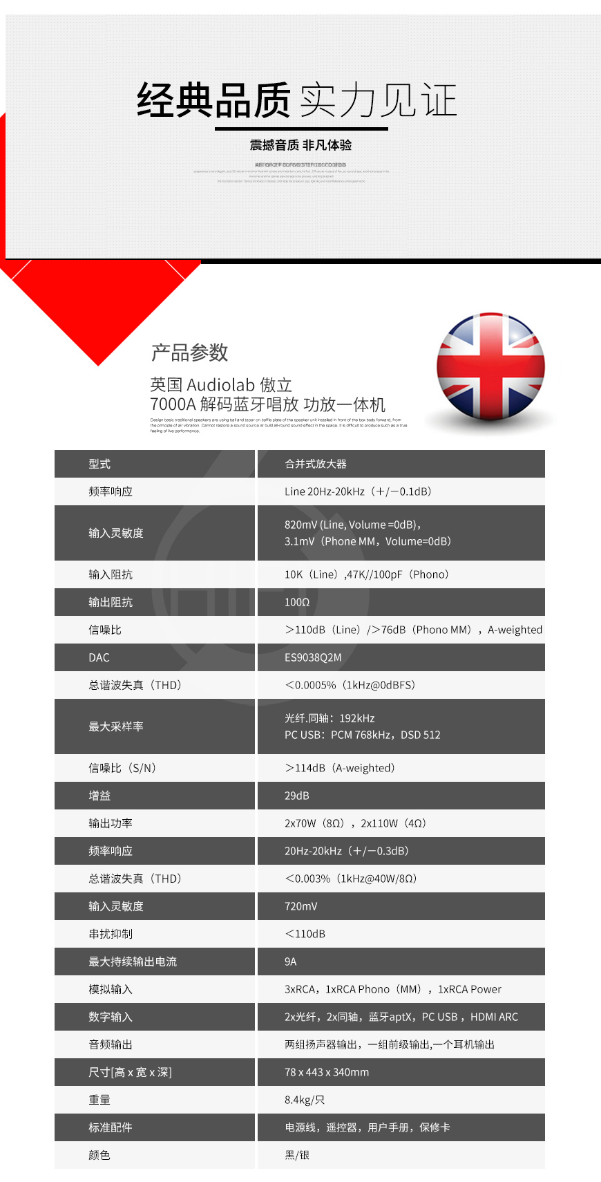  英国,Audiolab,傲立,7000A,解码,蓝牙,唱放,功放,一体机